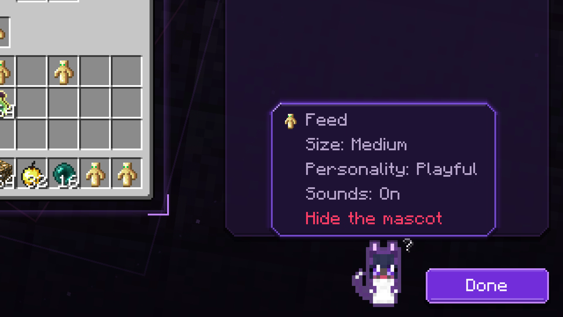 The mascot's menu: Feed, size, personality, sounds and hide
