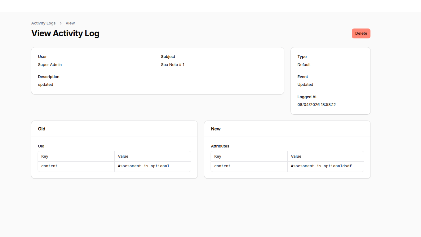 View activity log with old and new attributes