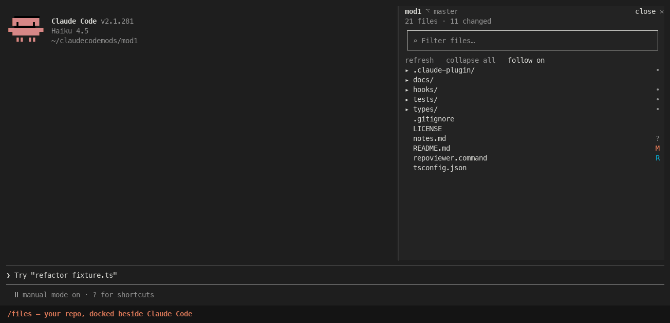repoviewer: the tree, a file, rendered markdown and the editor, docked beside Claude Code