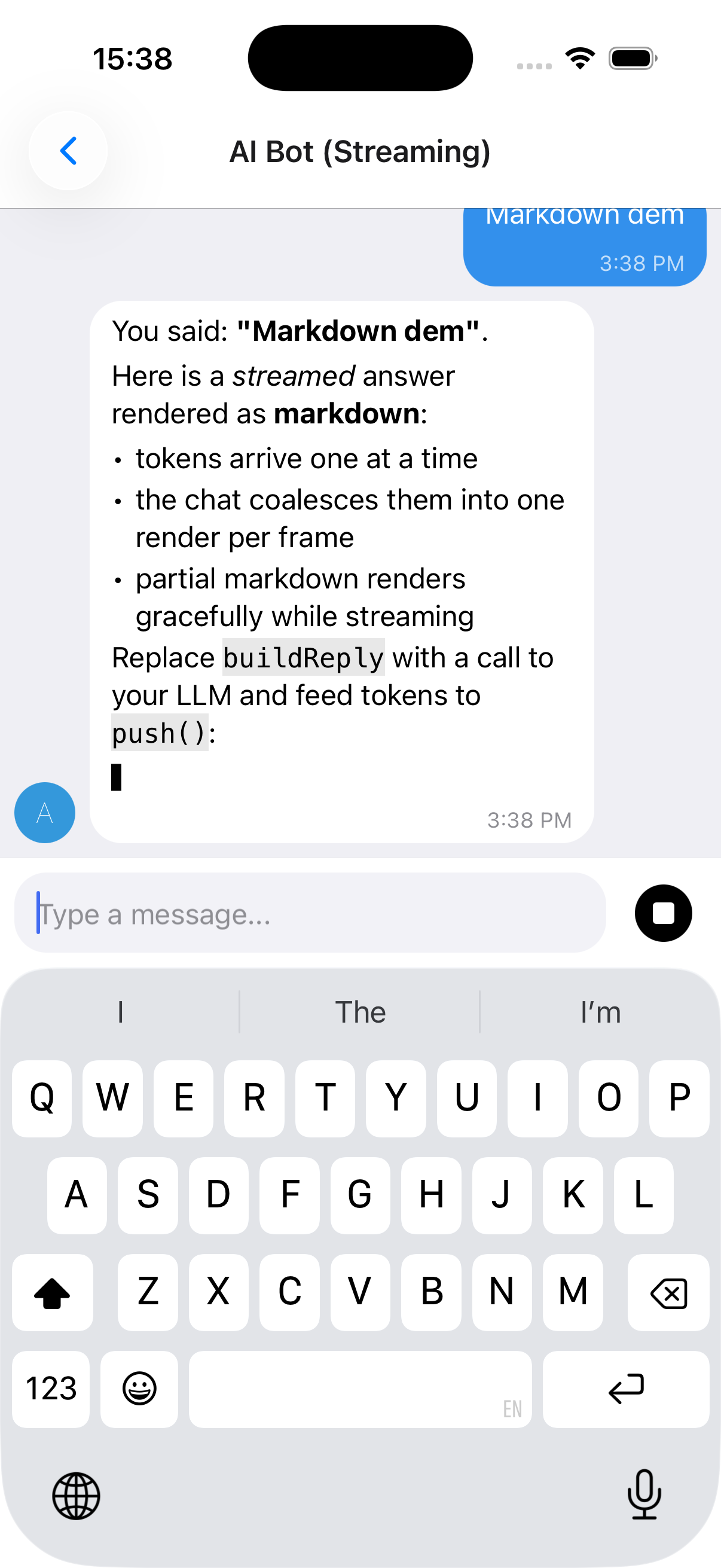 AI reply streaming token-by-token and rendering as markdown, with a blinking caret and a Stop button in the composer