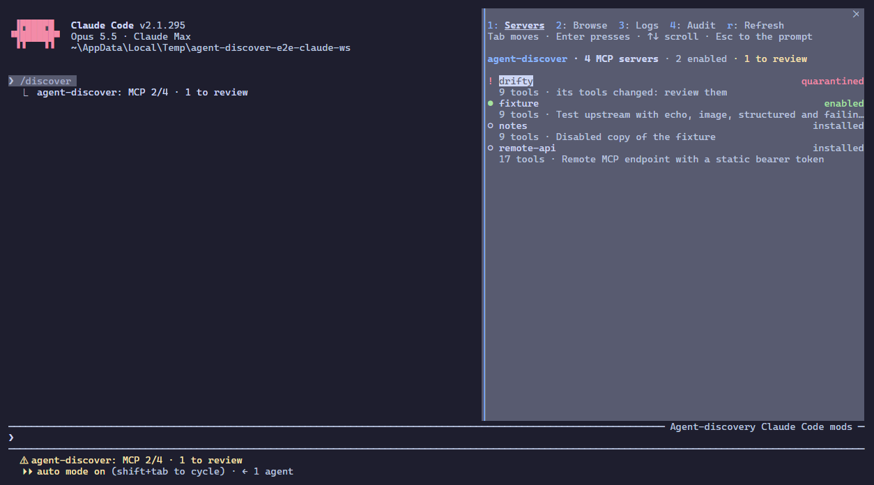 The /discover pane docked beside the transcript