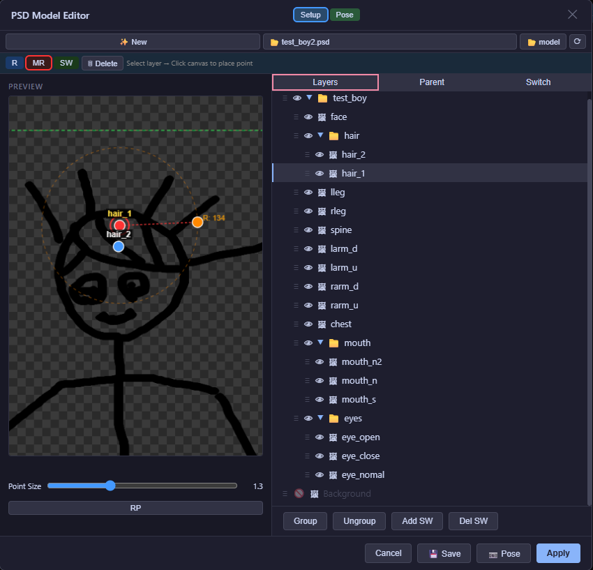 Layers tab with MR point placement
