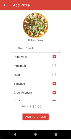 Pizza ordering screen