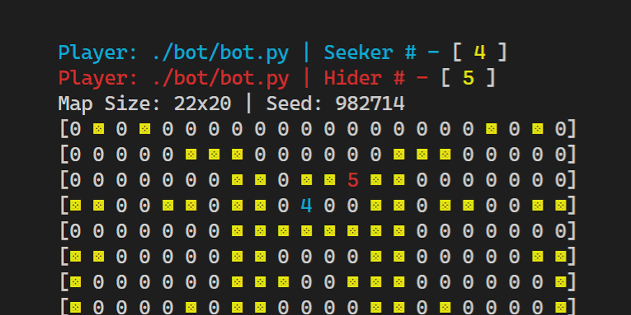 Seeker 4 tries to tag Hider 5 around a small wall island