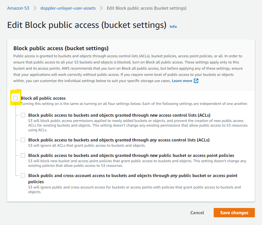 AWS S3 edit block puplic access