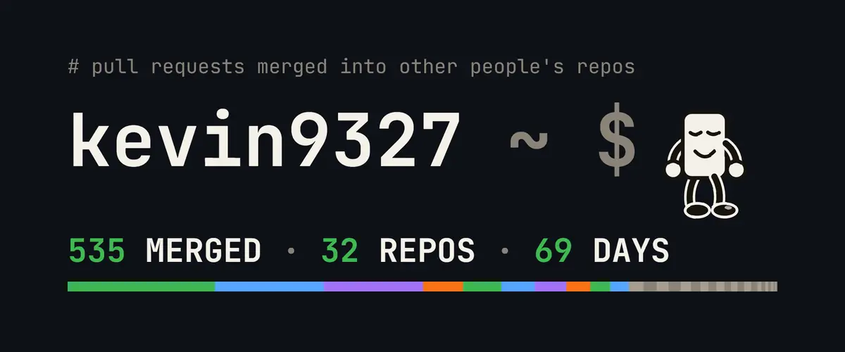 kevin9327: 535 pull requests merged into other people's repos, across 32 repos in 69 days. An endless zoom: a terminal cursor wakes up and we fall into its eye, through a bug caught eating a line of a code diff, through a compound eye of 32 facets, one per repo, and a garden of 535 petals, one per merged pull request, and land back on the same prompt.