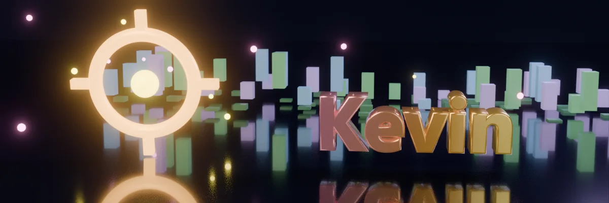 Kevin — rendered in Blender: copper lettering, a spinning crosshair and a skyline of commits