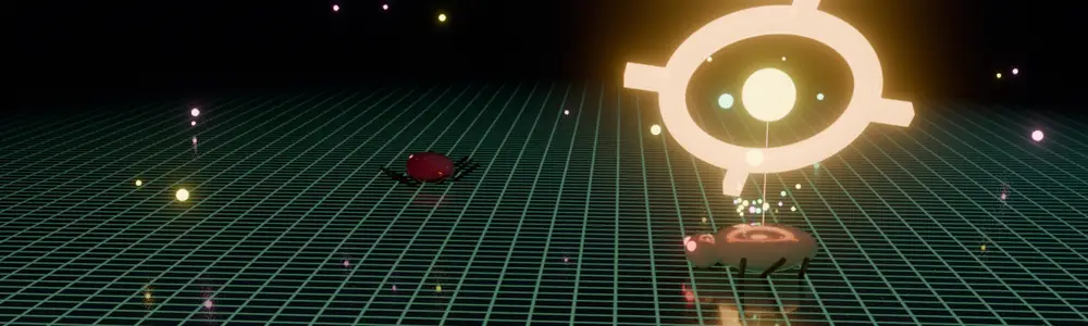 Rendered in Blender: beetles crawl a circuit board, the crosshair locks on, the laser lands