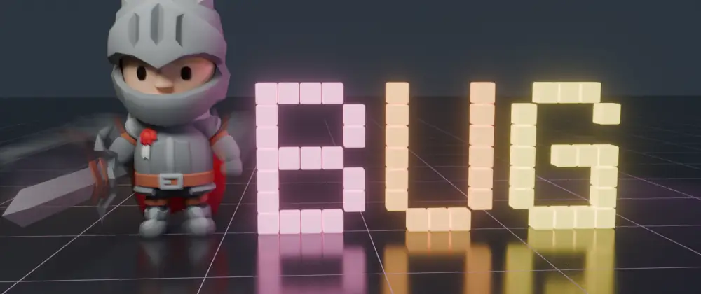 The arena's knight takes a two-handed slice at the word BUG, built from glowing blocks; the blocks explode as rigid bodies in slow motion, the debris gathers itself into the word FIX, the knight cheers, and the tape rewinds.