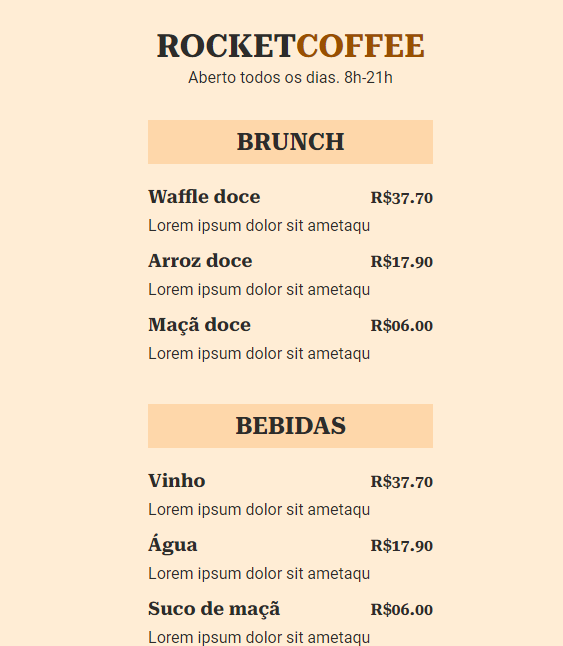 RocketCoffee preview site, a online menu