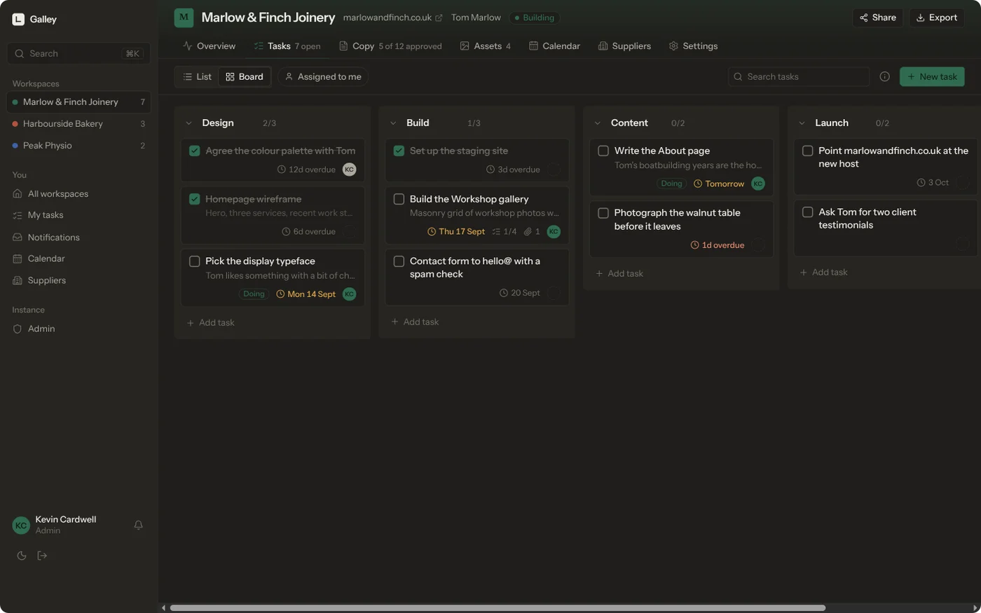 The same tasks as a board in dark mode