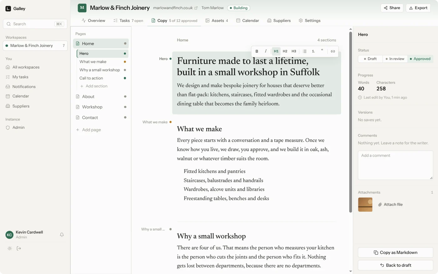 The copy editor with a page outline, the text in a serif column, and a details pane showing status, word count, versions and comments