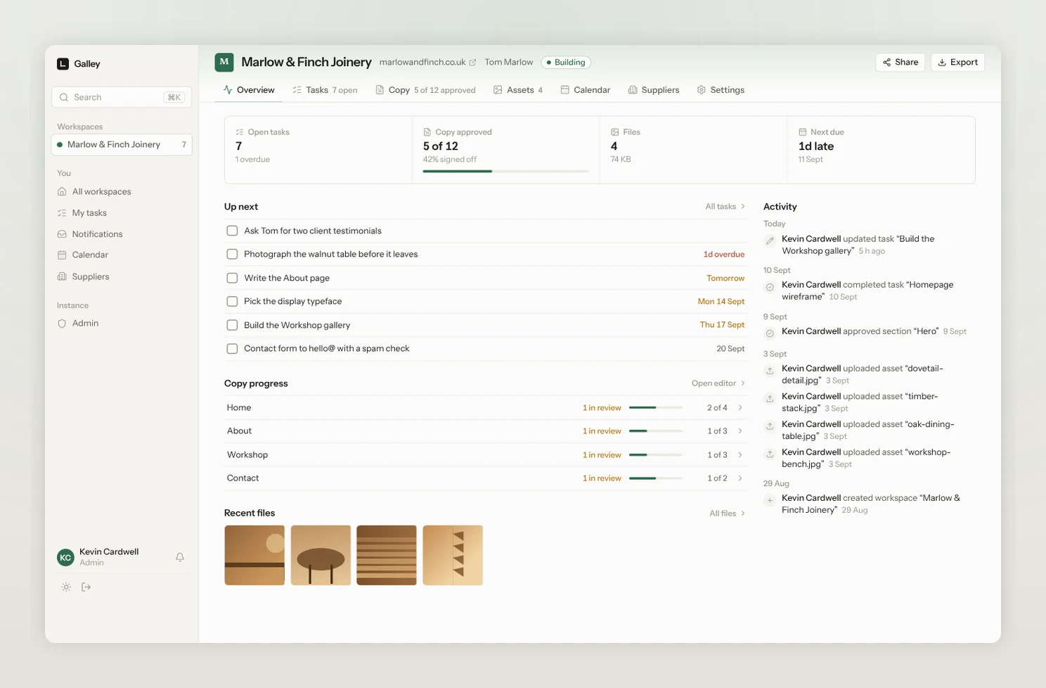 Galley showing a project overview: open tasks, copy approval progress, files and recent activity