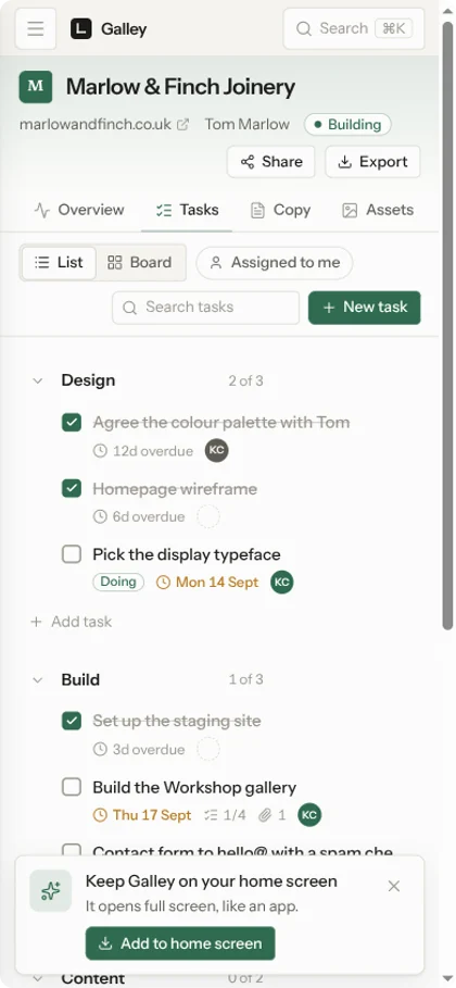 Galley on a phone showing the task list and the add to home screen prompt