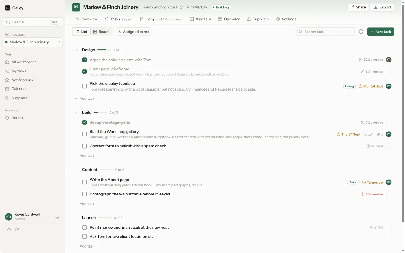 The task list grouped into Design, Build, Content and Launch sections with due dates and assignees