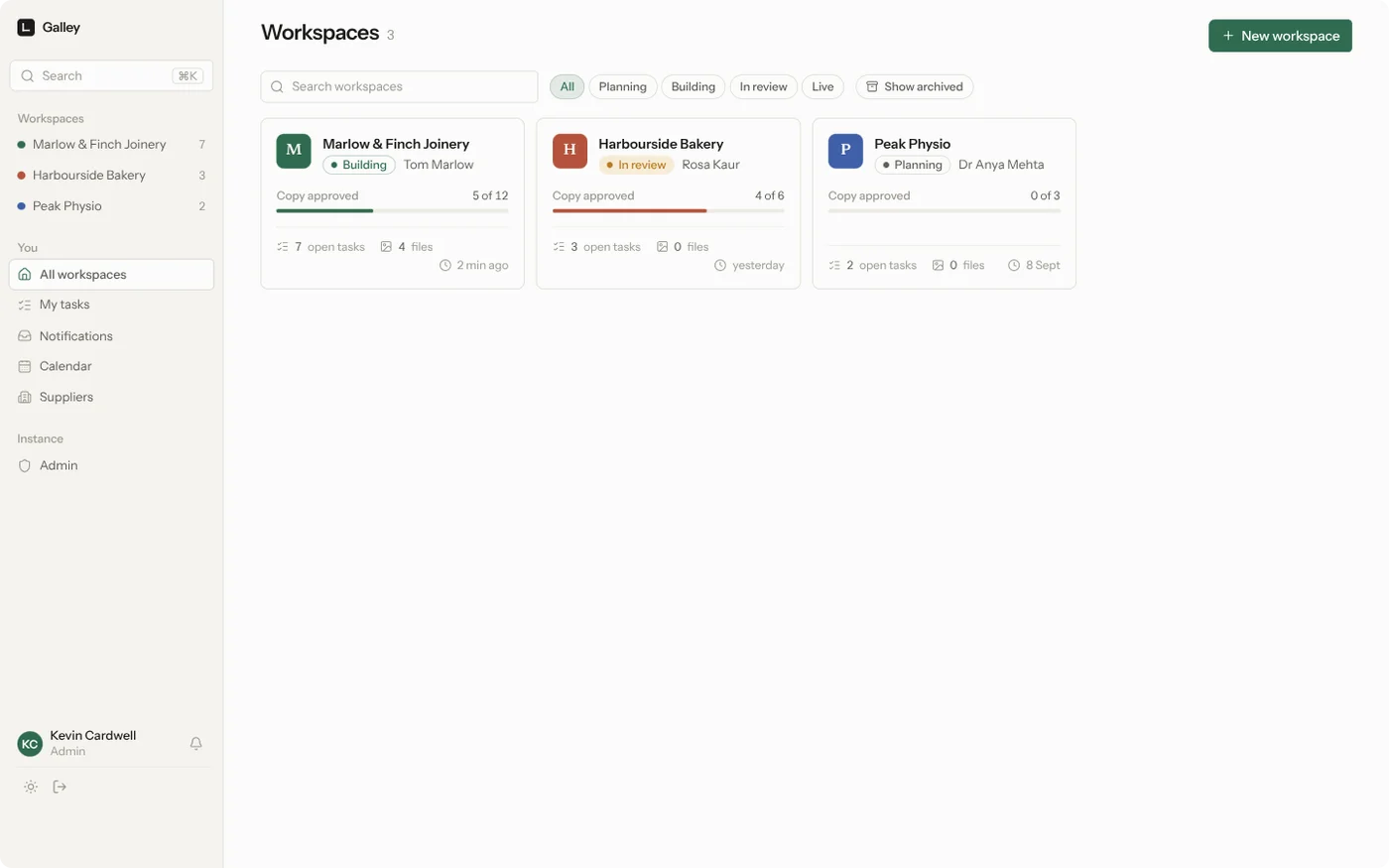 The workspace index with three projects, each showing status, copy approval progress and open task counts