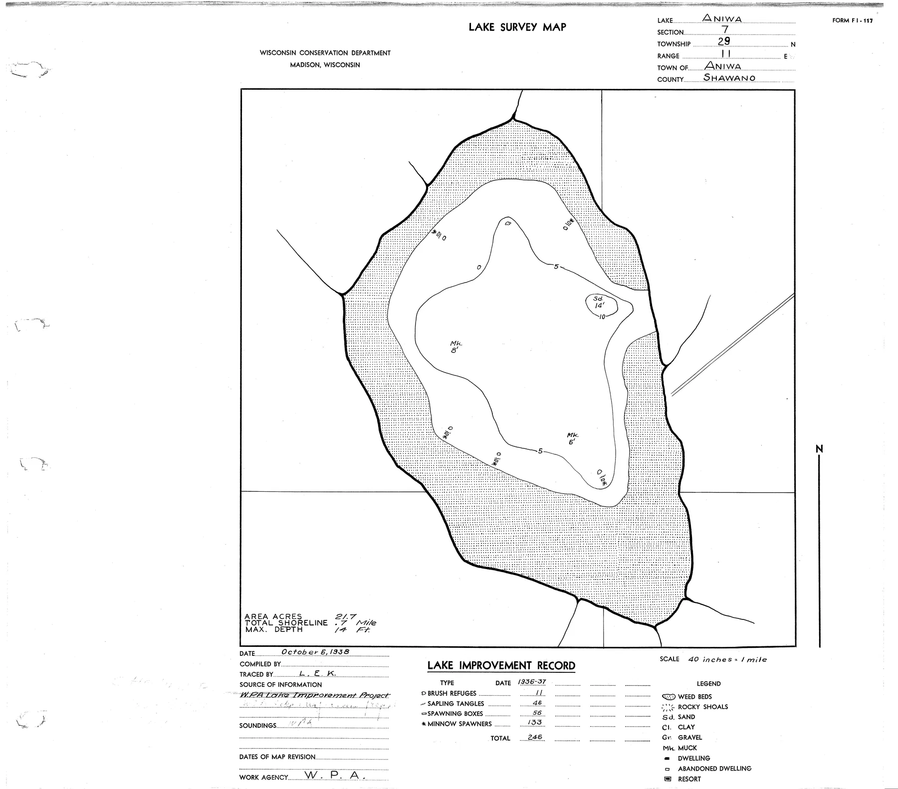 Pleasant Lake historical Wisconsin DNR depth map sheet 1