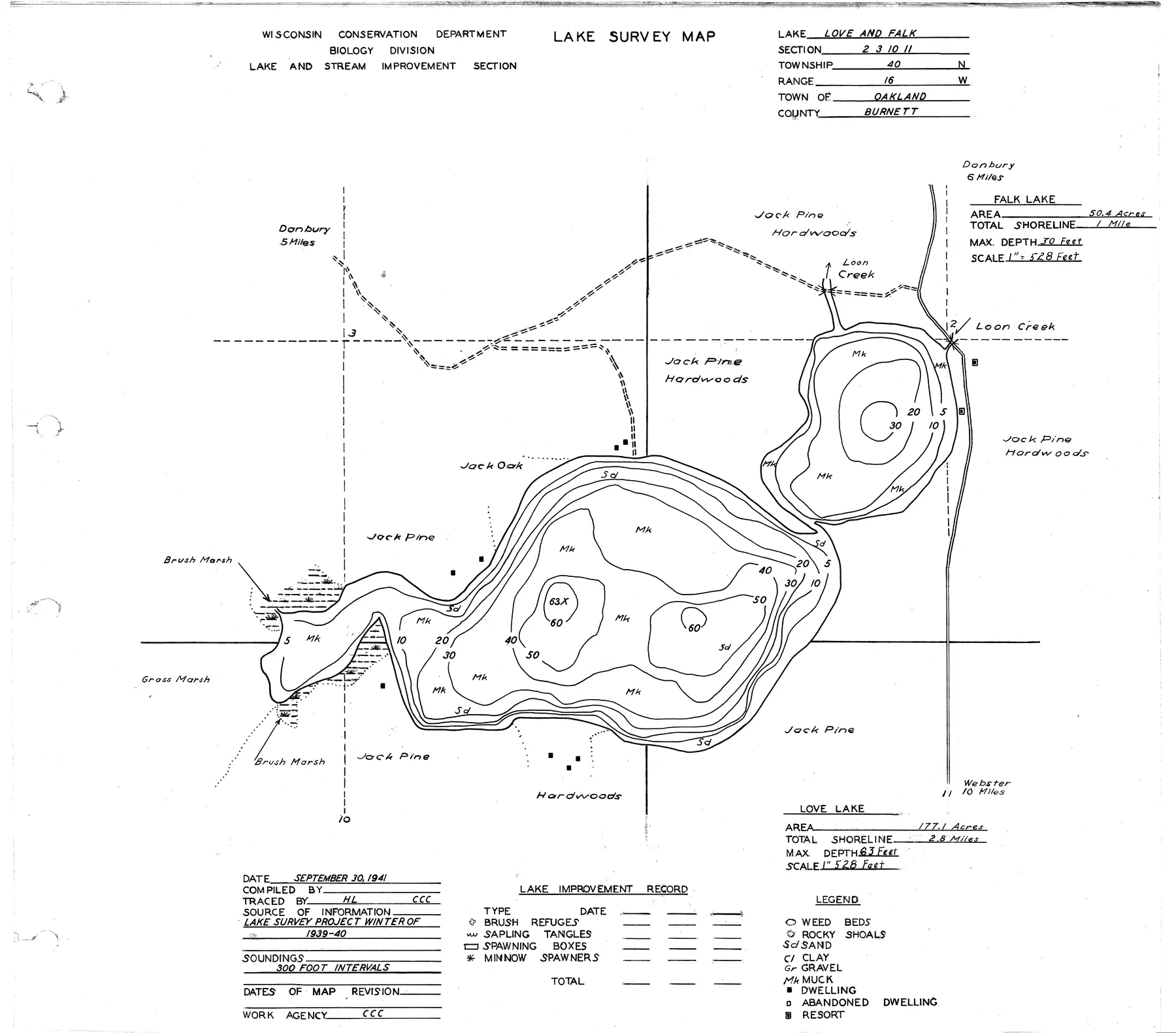 Love Lake historical Wisconsin DNR depth map sheet 1