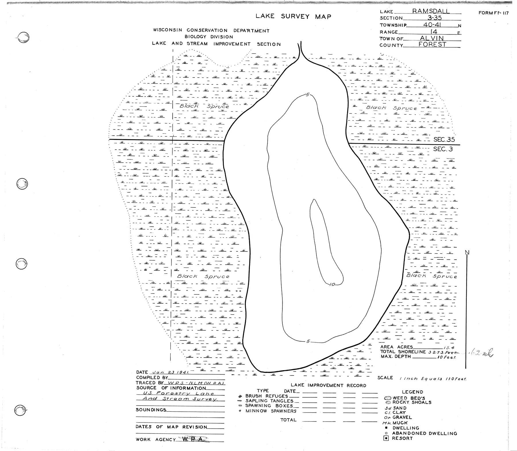 Ramsdell Lake historical Wisconsin DNR depth map sheet 1