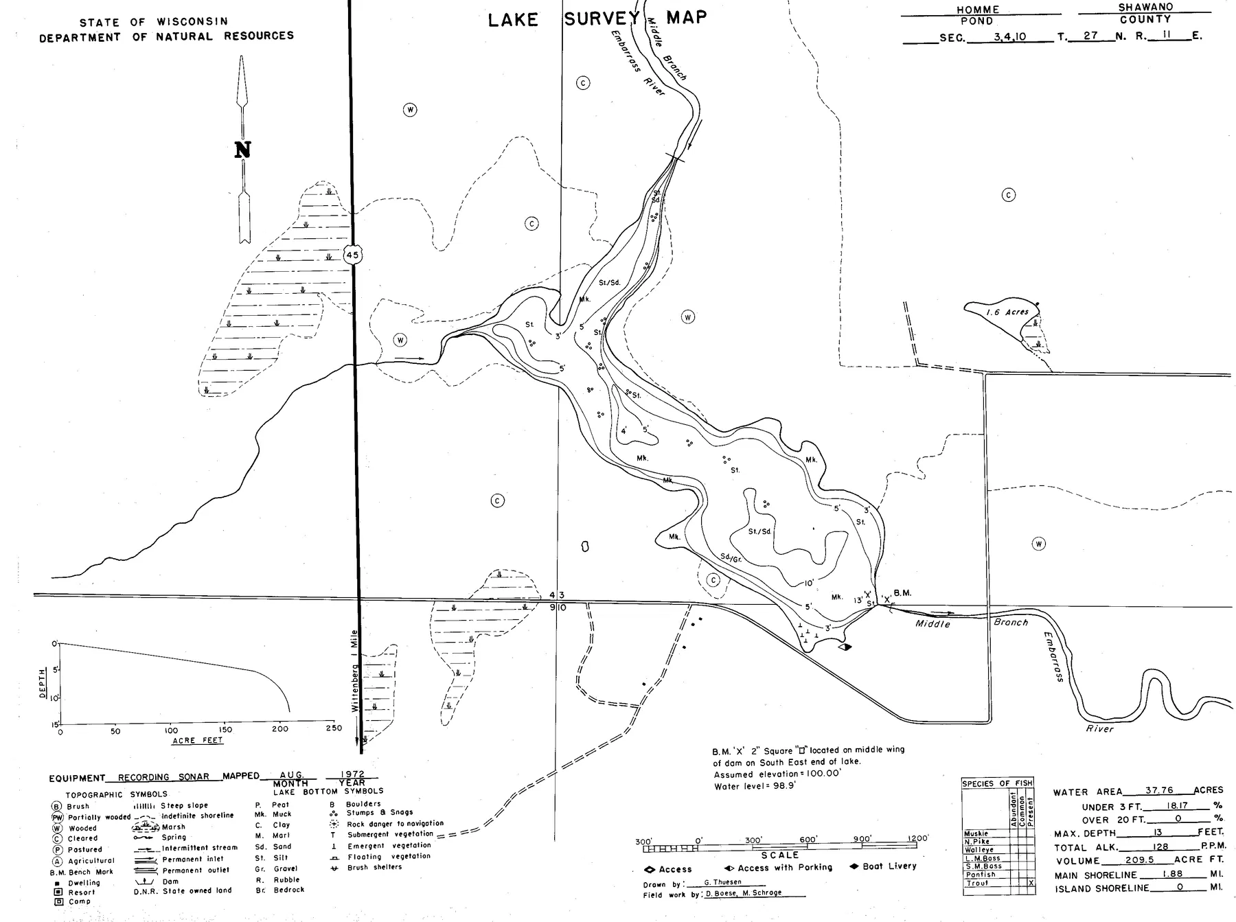 Homme Pond historical Wisconsin DNR depth map sheet 1