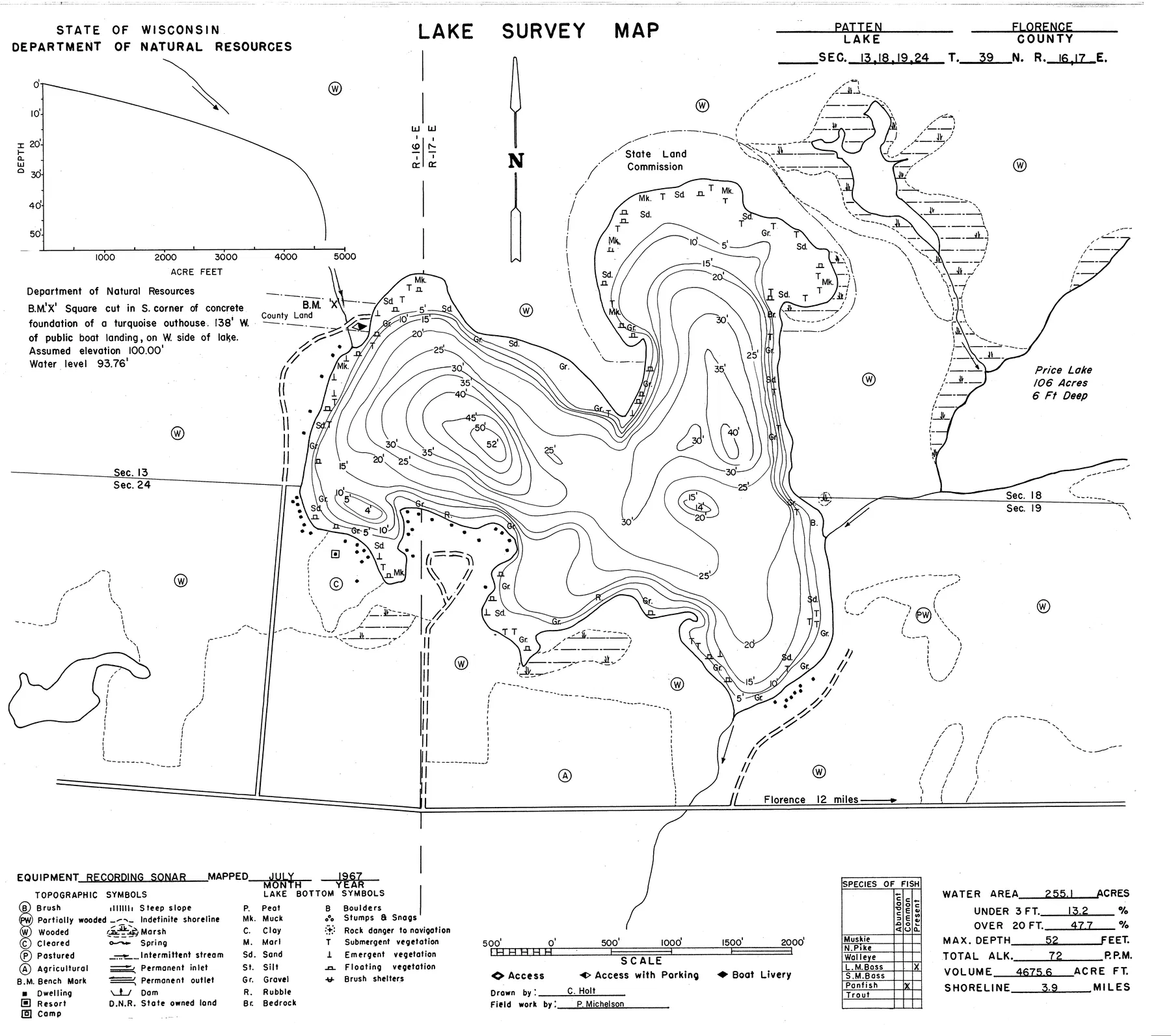 Patten Lake historical Wisconsin DNR depth map sheet 1