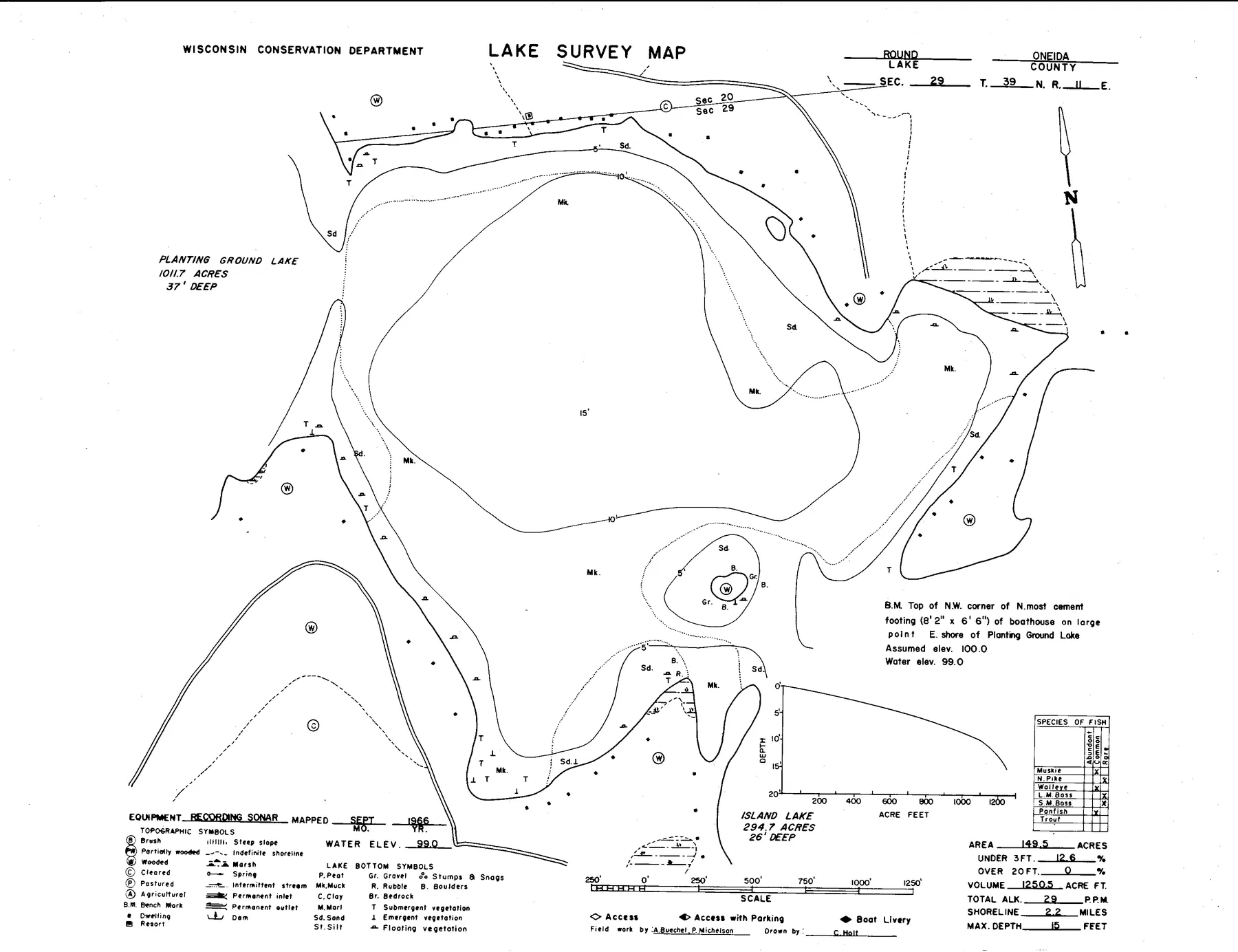 Round Lake historical Wisconsin DNR depth map sheet 1