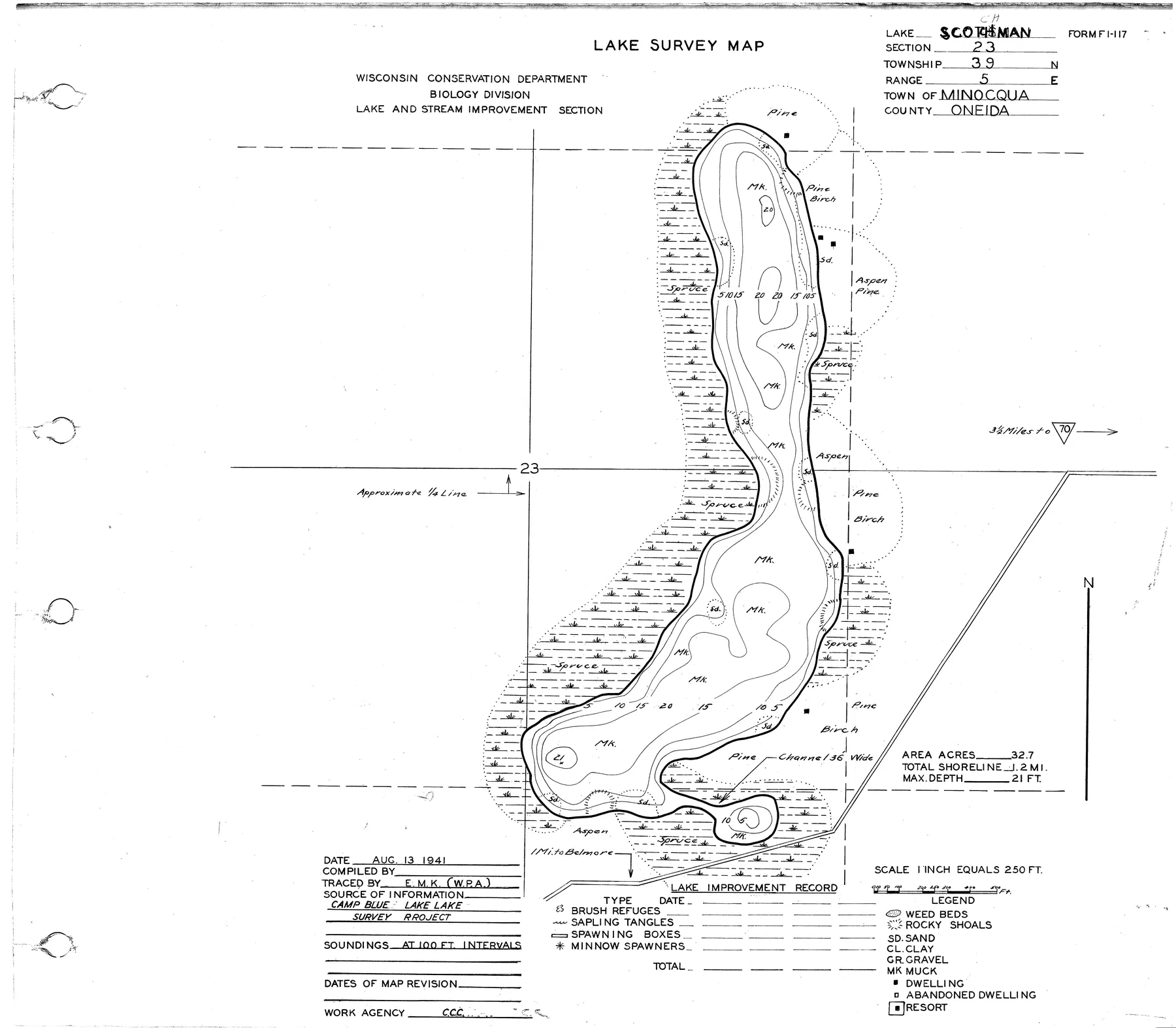 Scotchman Lake historical Wisconsin DNR depth map sheet 1