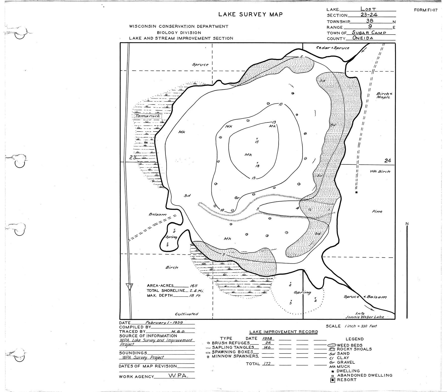 Lost Lake historical Wisconsin DNR depth map sheet 1