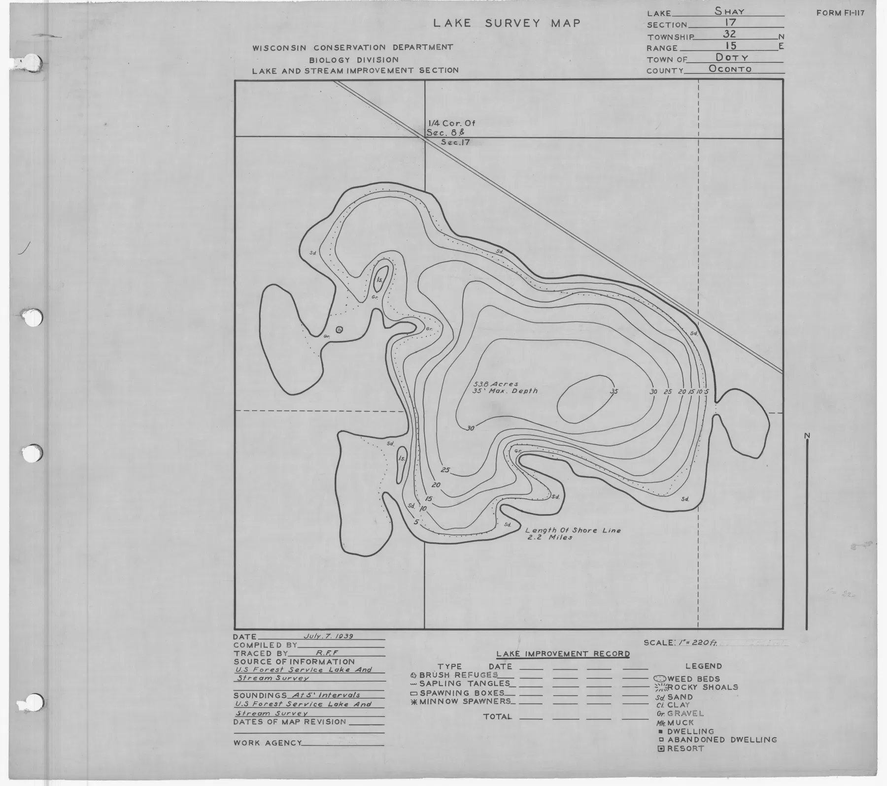 Shay Lake historical Wisconsin DNR depth map sheet 1
