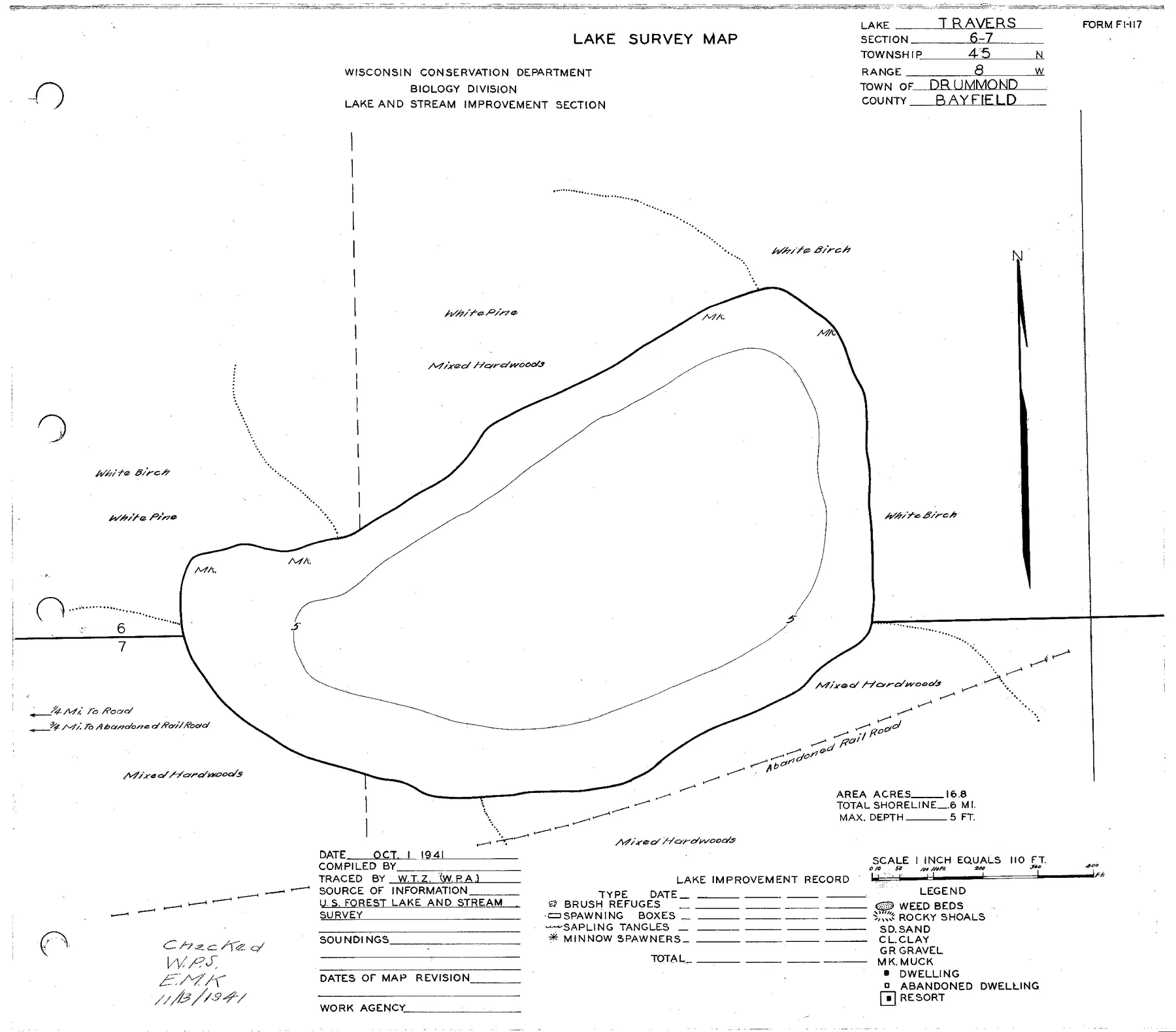 Travers Lake historical Wisconsin DNR depth map sheet 1