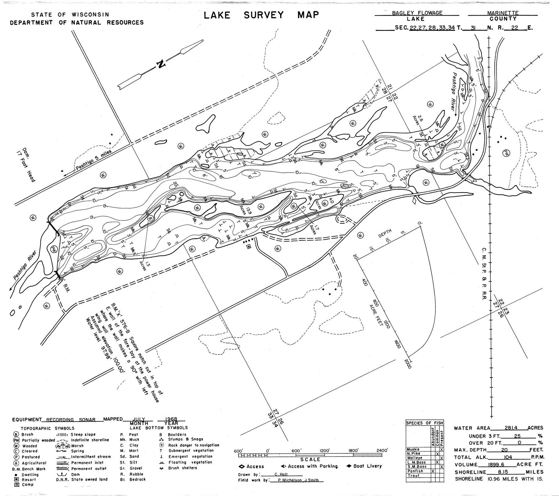 Bagley Flowage 1061 historical Wisconsin DNR depth map sheet 1