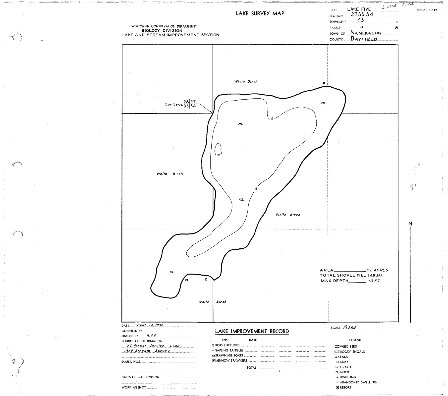 Lake Five historical Wisconsin DNR depth map sheet 1
