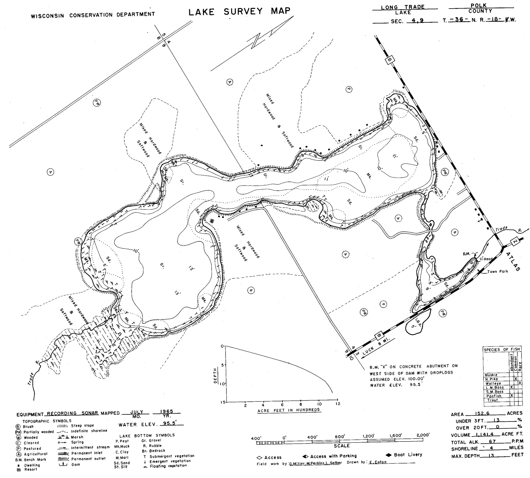 Long Trade Lake historical Wisconsin DNR depth map sheet 1