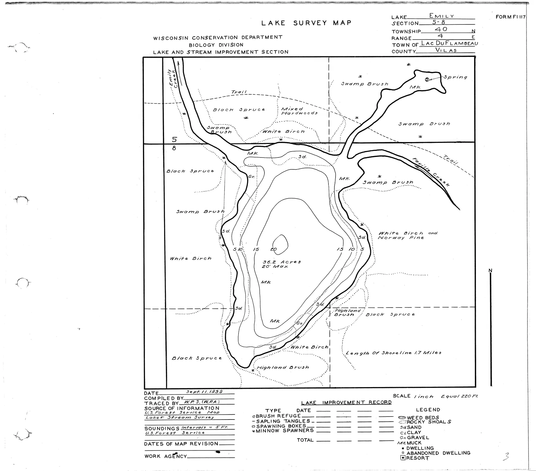 Emily Lake historical Wisconsin DNR depth map sheet 1