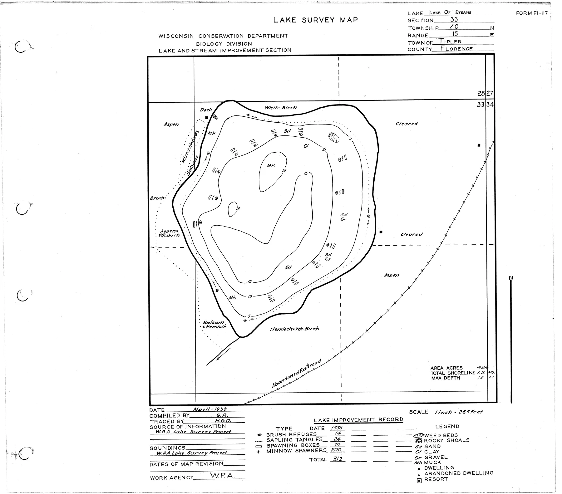 Lake of Dreams historical Wisconsin DNR depth map sheet 1