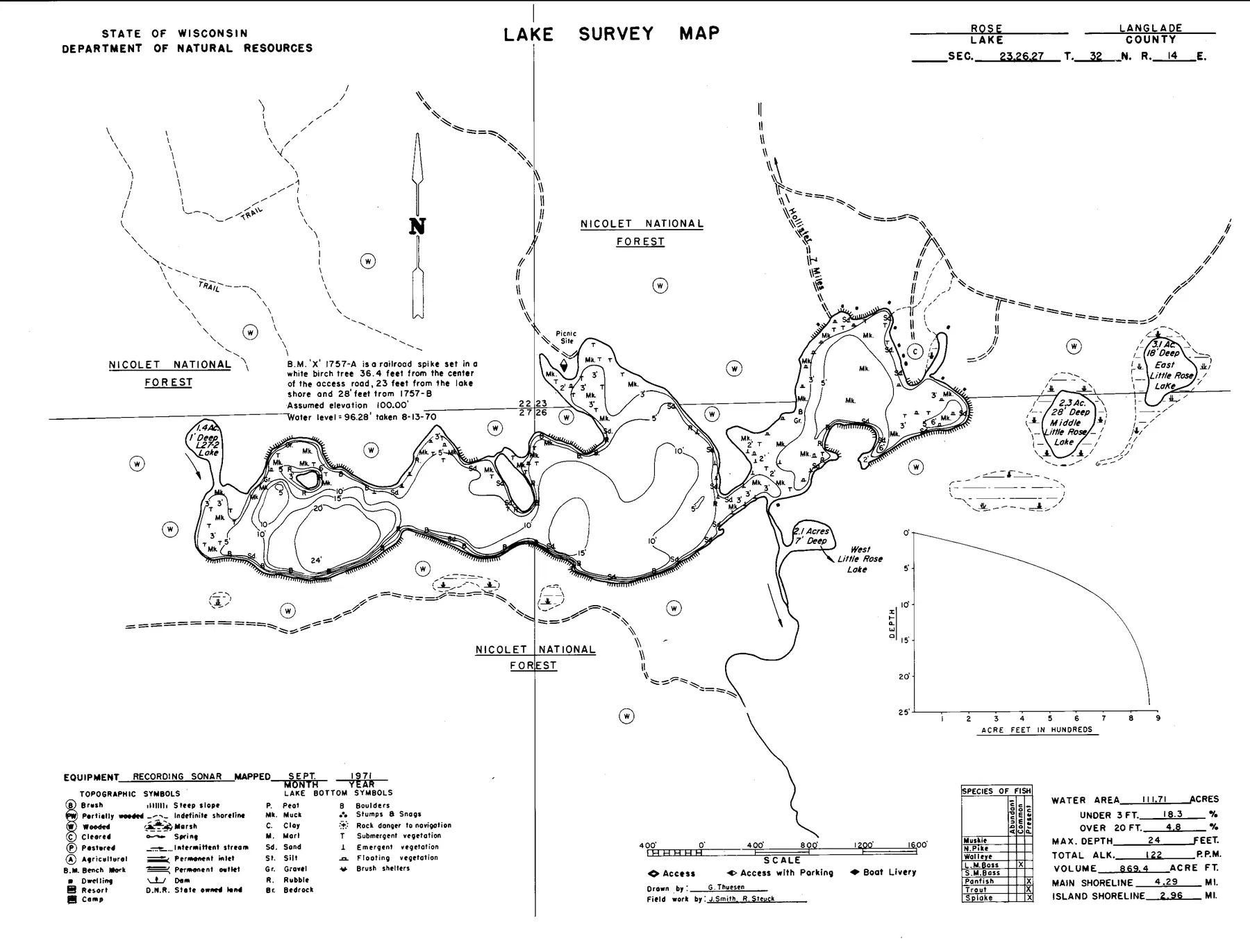 Little Rose Lakes historical Wisconsin DNR depth map sheet 1