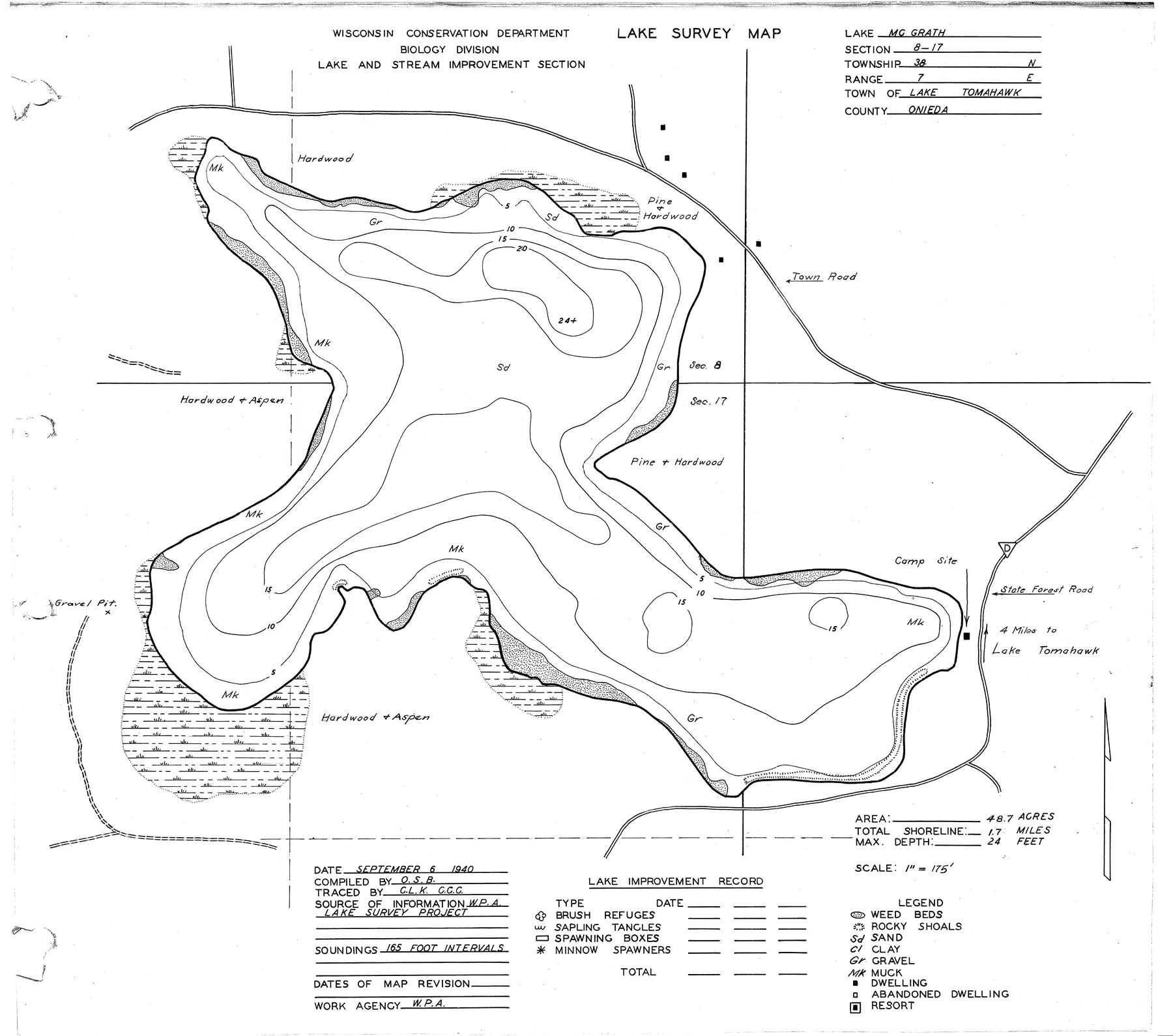 McGrath Lake historical Wisconsin DNR depth map sheet 1