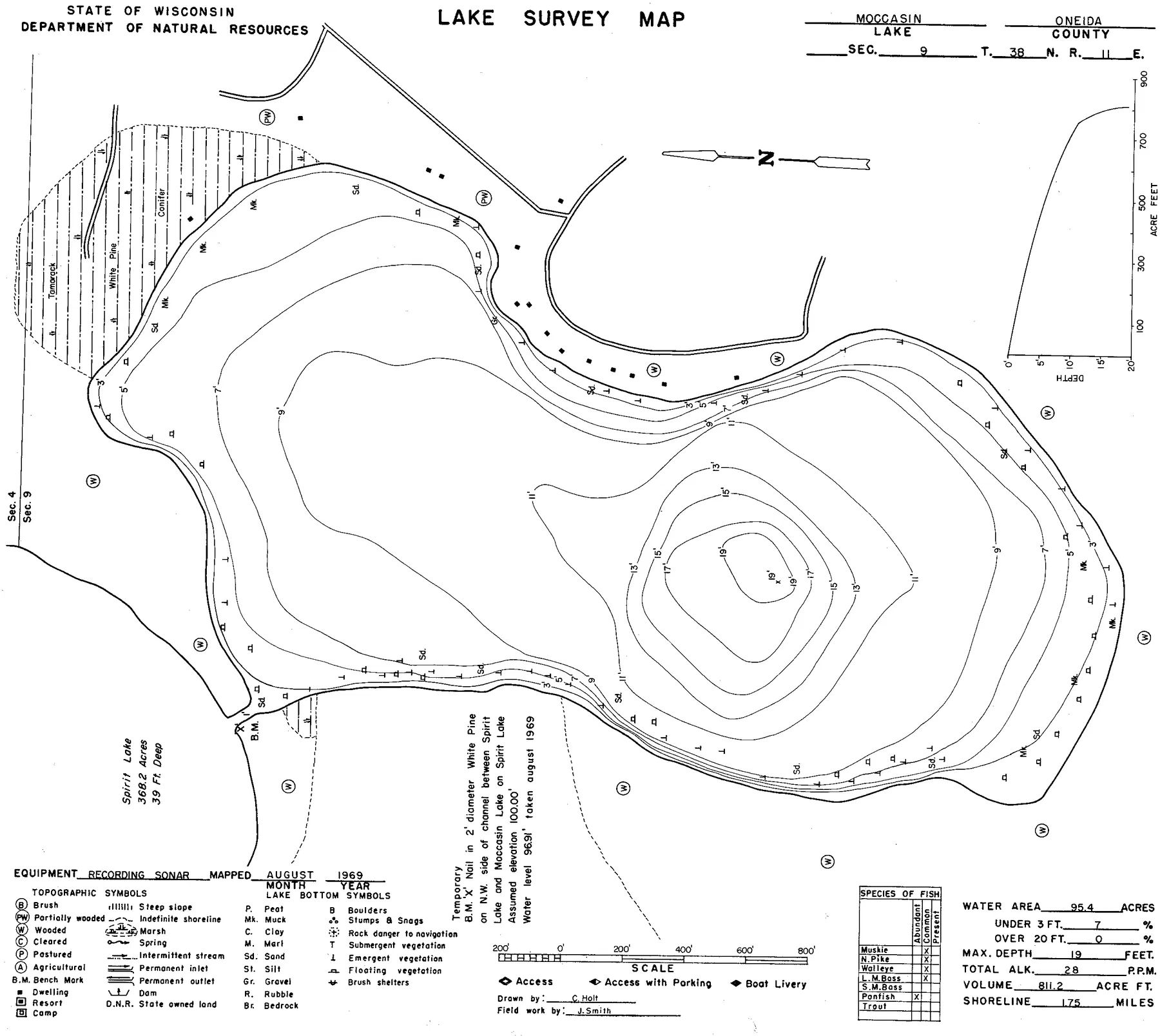 Moccasin Lake historical Wisconsin DNR depth map sheet 1
