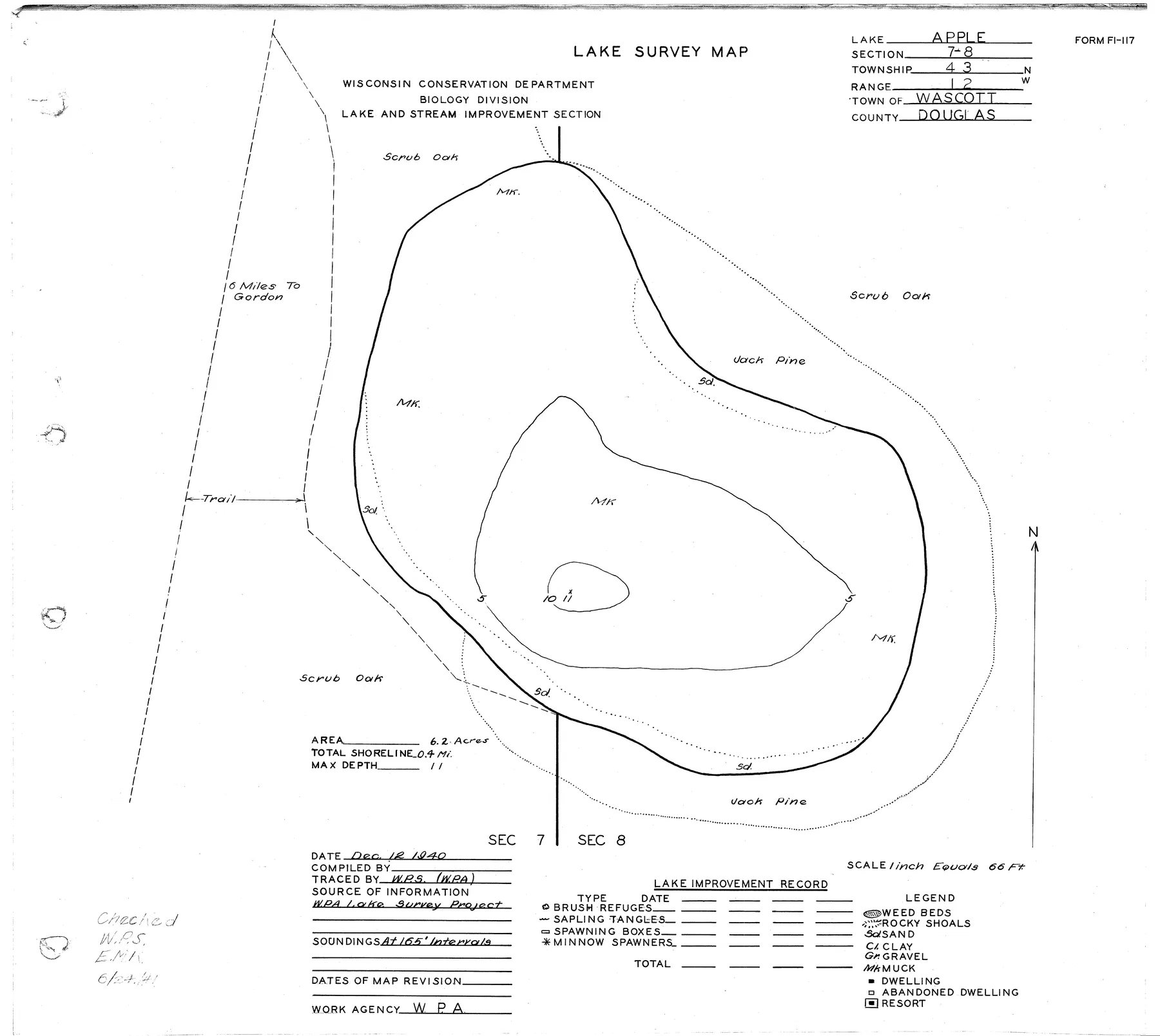 Apple Lake historical Wisconsin DNR depth map sheet 1