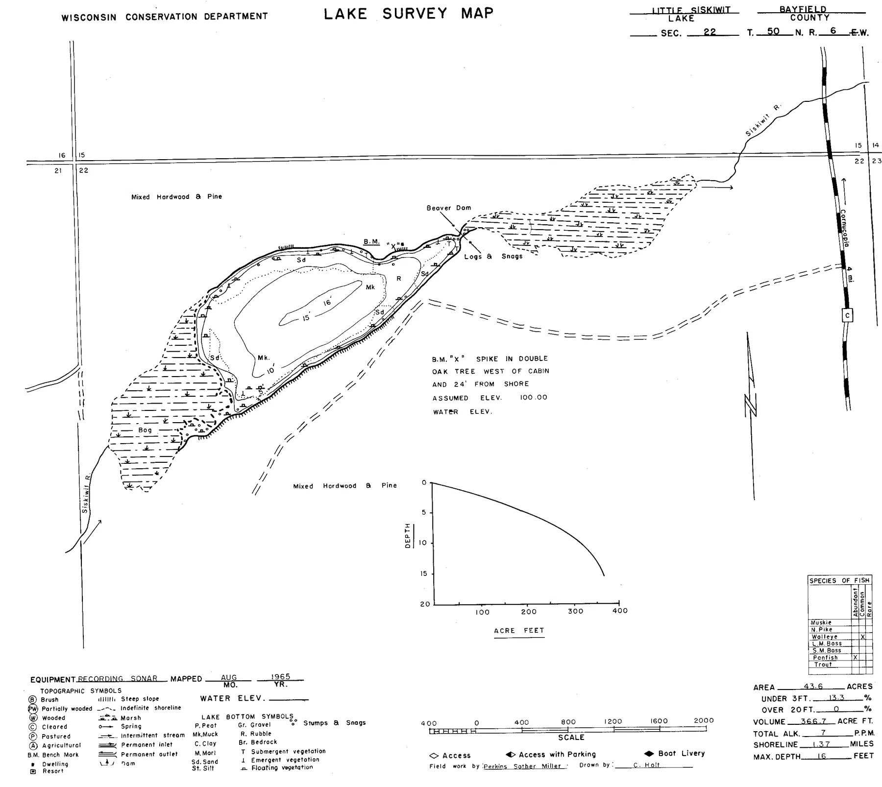 Little Siskiwit Lake historical Wisconsin DNR depth map sheet 1