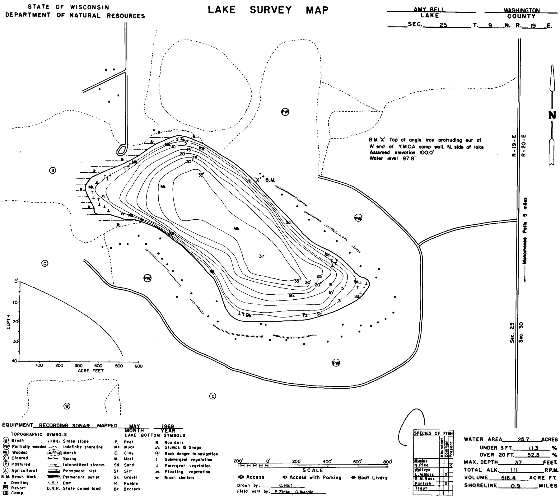 Amy Bell Lake historical Wisconsin DNR depth map sheet 1