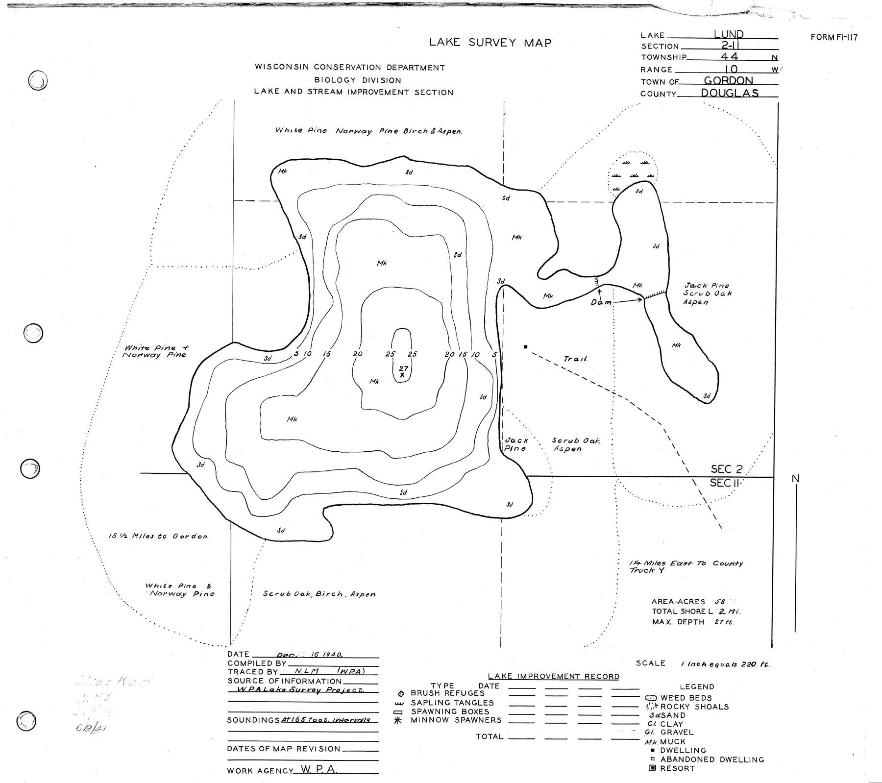 Lund Lake historical Wisconsin DNR depth map sheet 1