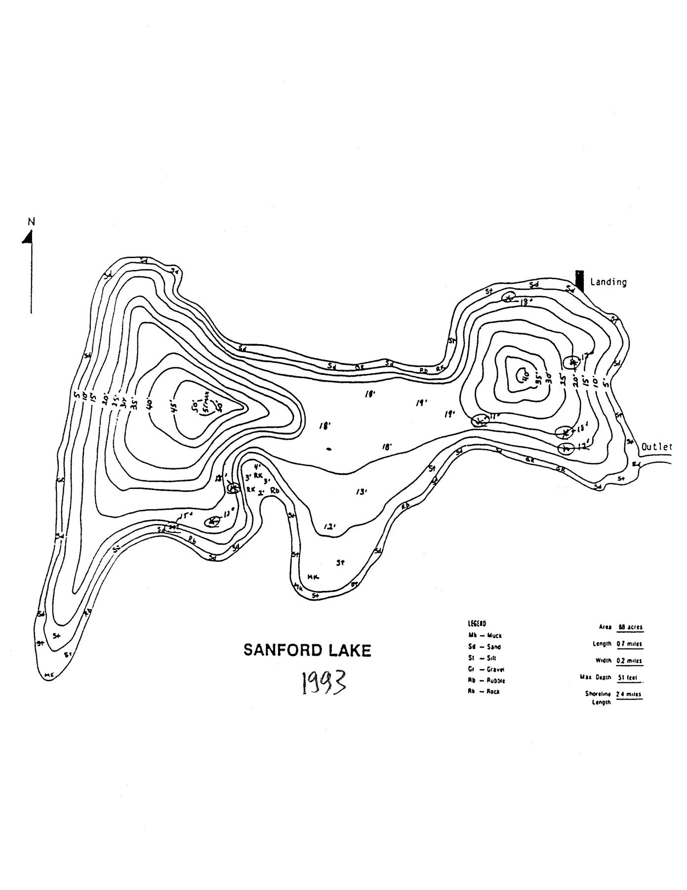 Sanford Lake historical Wisconsin DNR depth map sheet 1