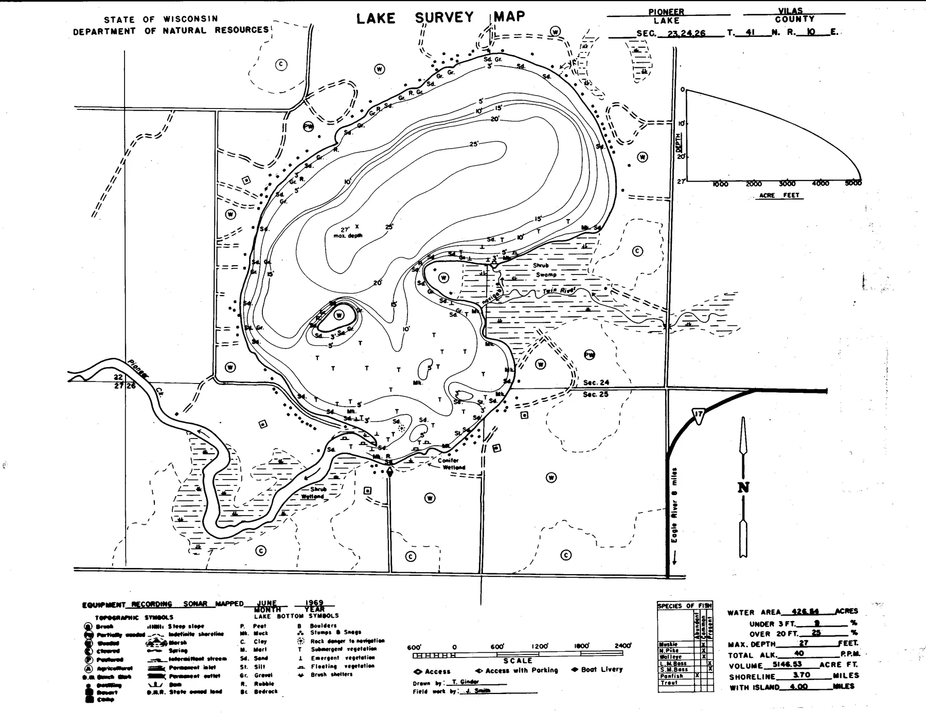 Pioneer Lake historical Wisconsin DNR depth map sheet 1