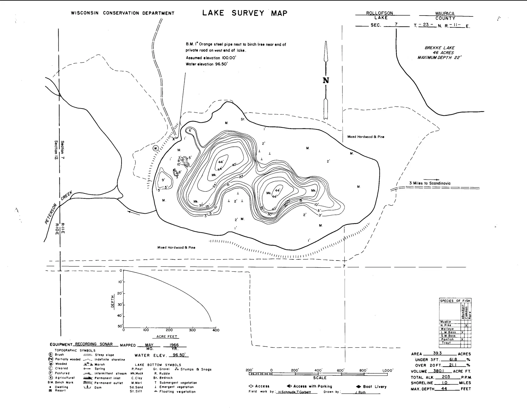 Rollofson Lake historical Wisconsin DNR depth map sheet 1