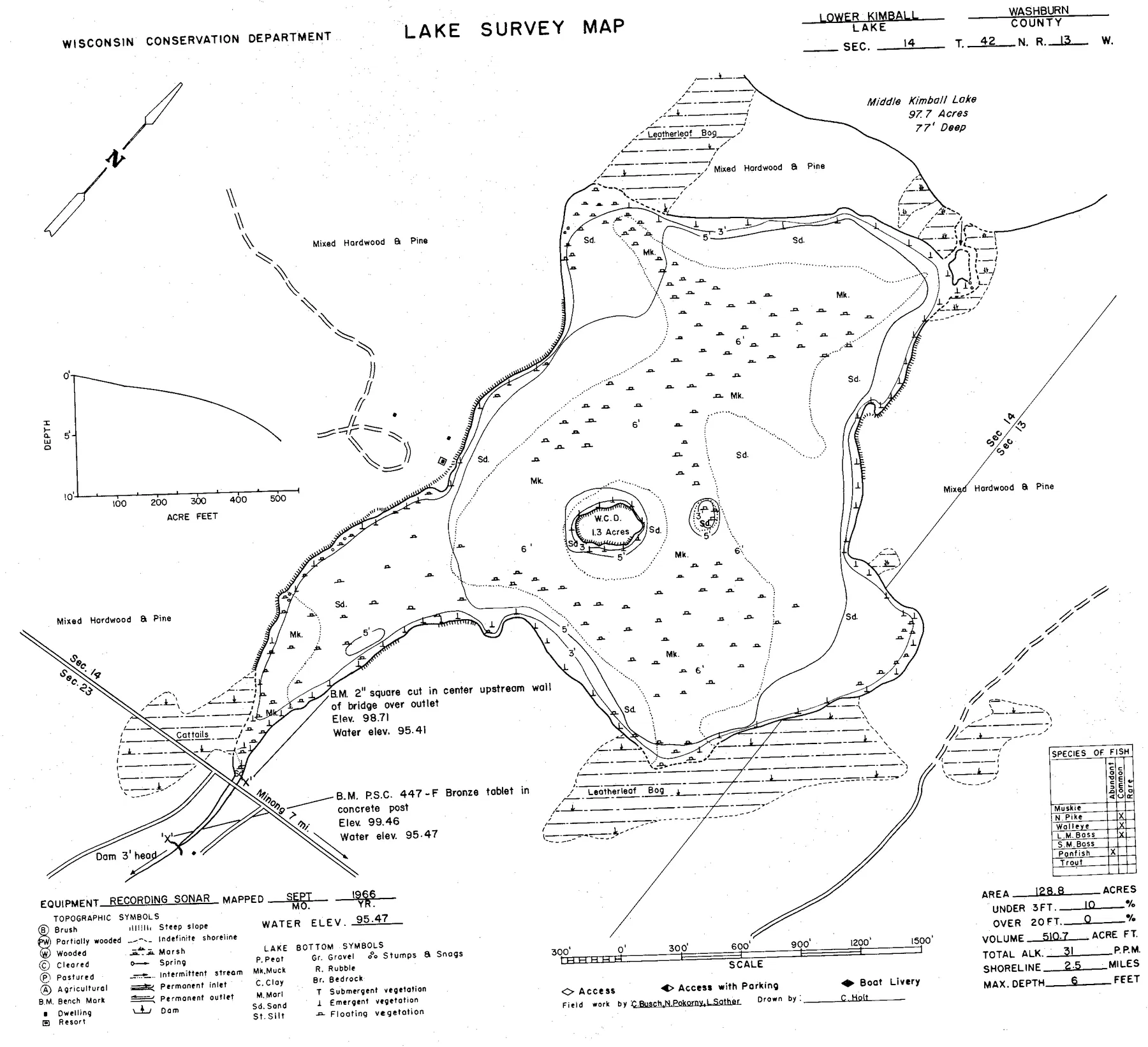 Lower Kimball Lake historical Wisconsin DNR depth map sheet 1