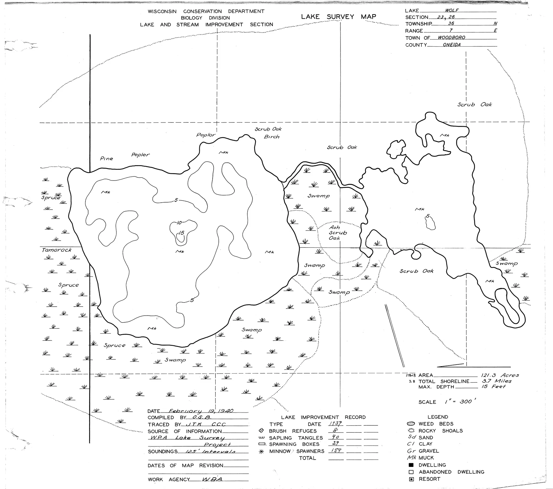 Wolf Lake historical Wisconsin DNR depth map sheet 1
