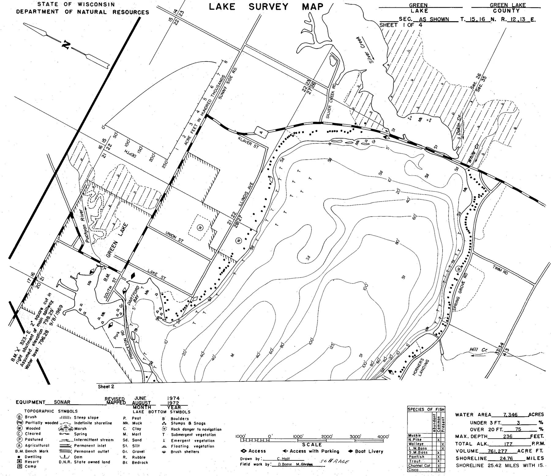 Green Lake historical Wisconsin DNR depth map sheet 1