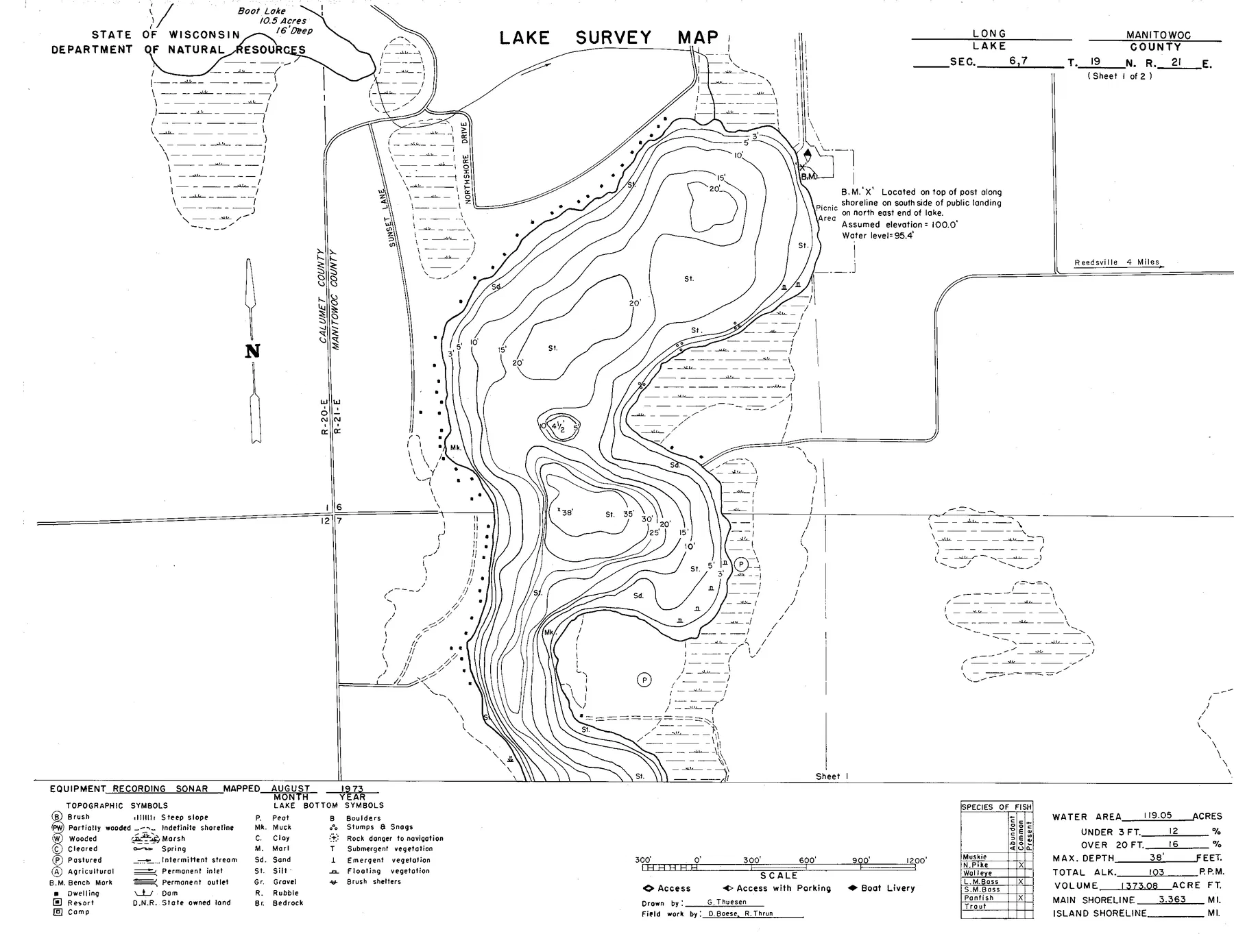Long Lake historical Wisconsin DNR depth map sheet 1