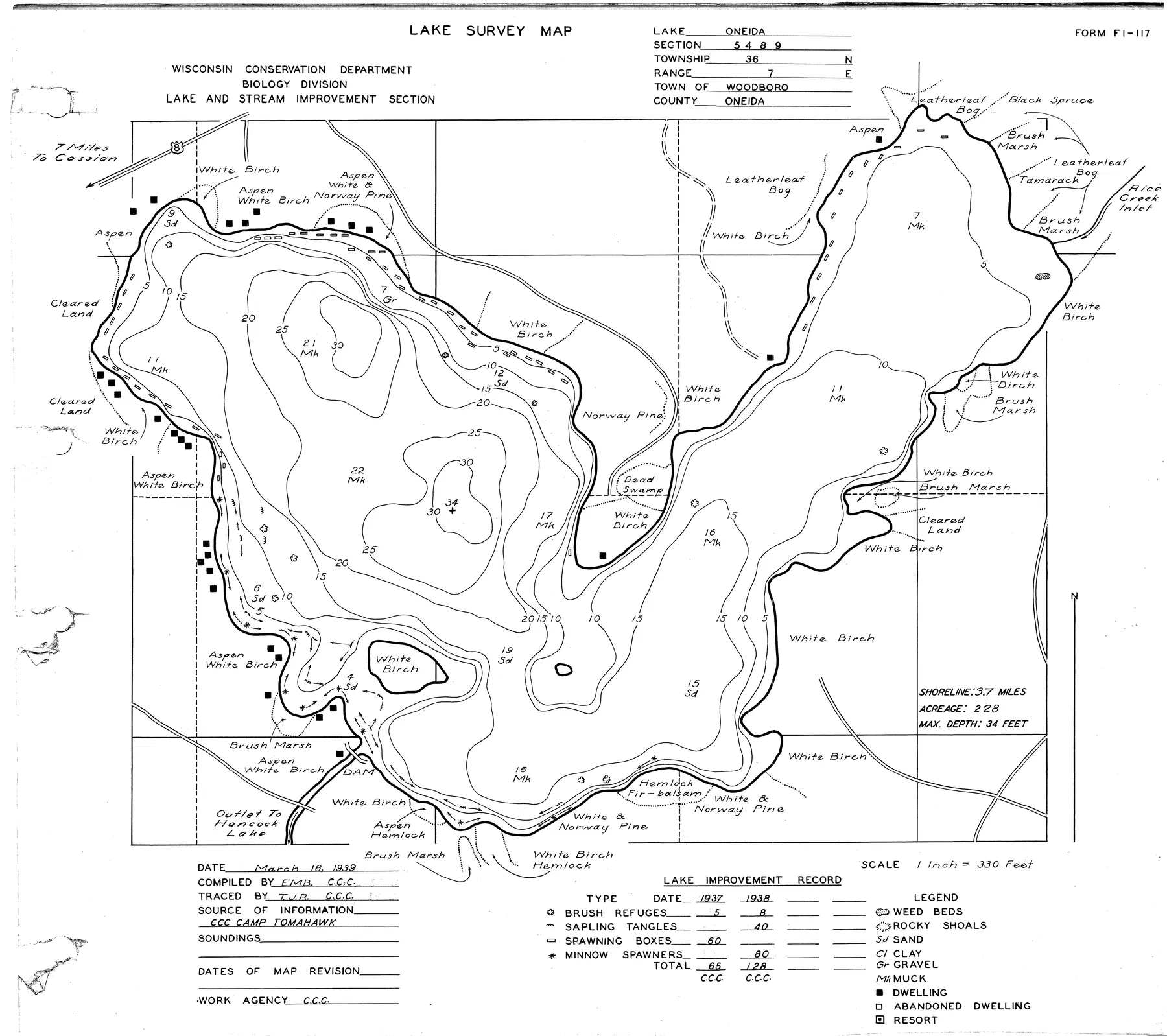 Oneida Lake historical Wisconsin DNR depth map sheet 1